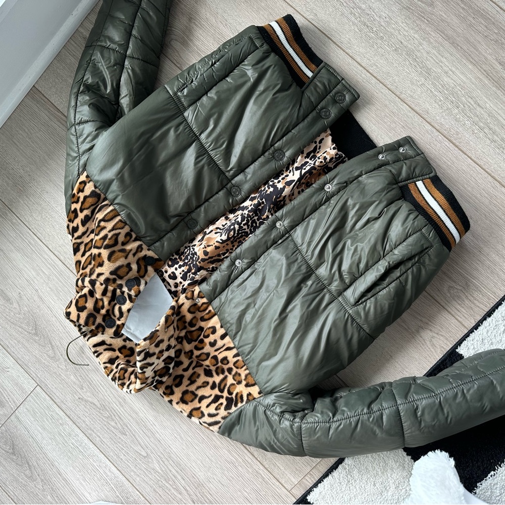 Olive greens and cheetah puffer jacket
